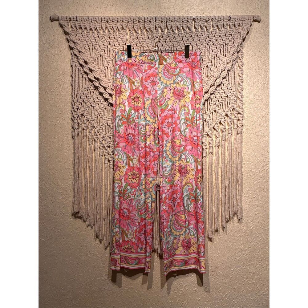 The Boston Proper Wide Leg Resort Palazzo Pants Pink Mod 60s Flowers Summer Size